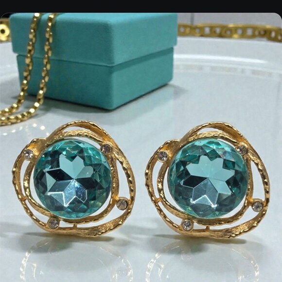 Craft Jewelry - Massive Vintage 1980's CRAFT Gold Aquamarine Glass Crystal Clip-on Earrings